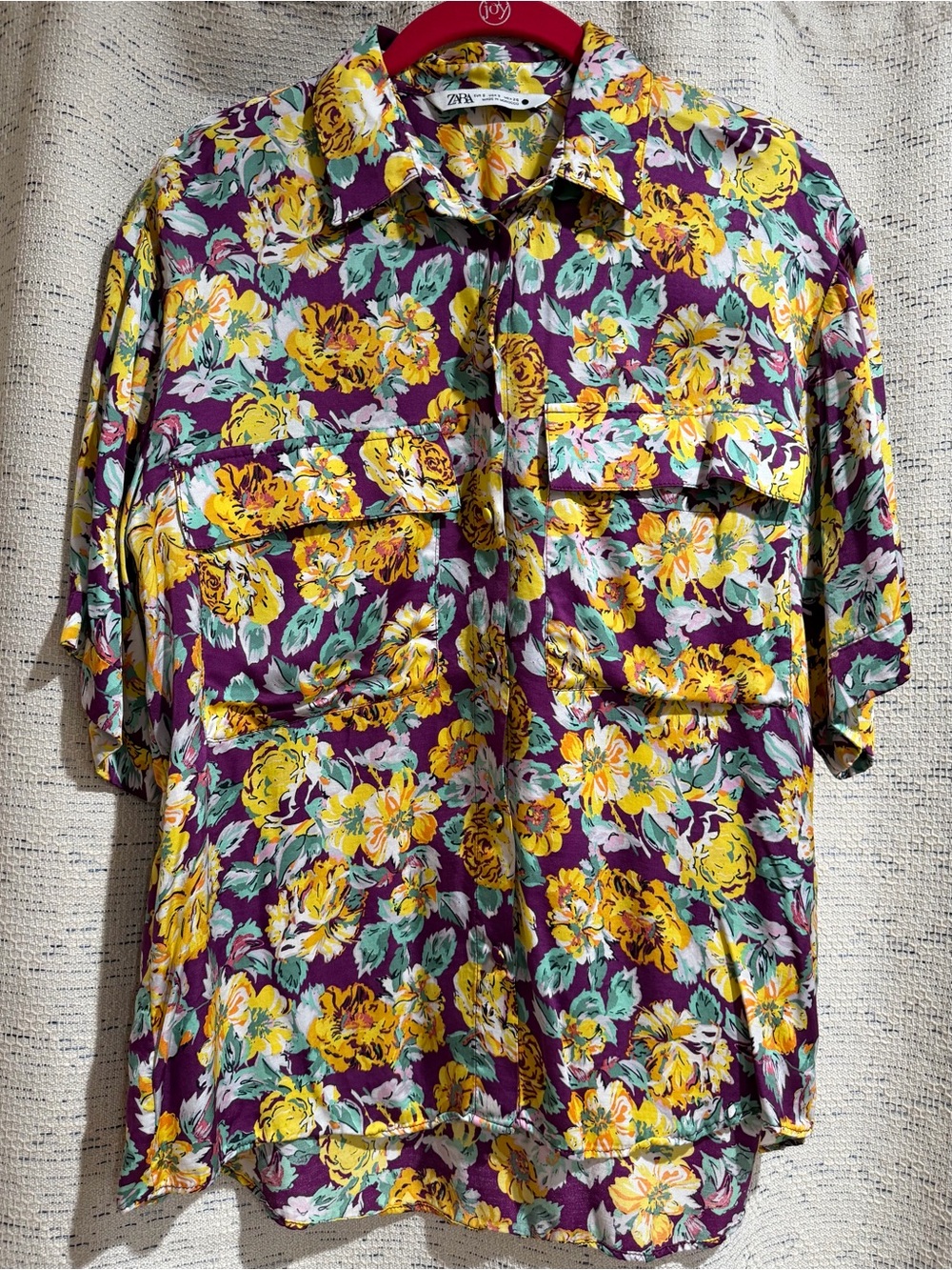 Zara Purple Floral Button-Up Shirt with Yellow Accents